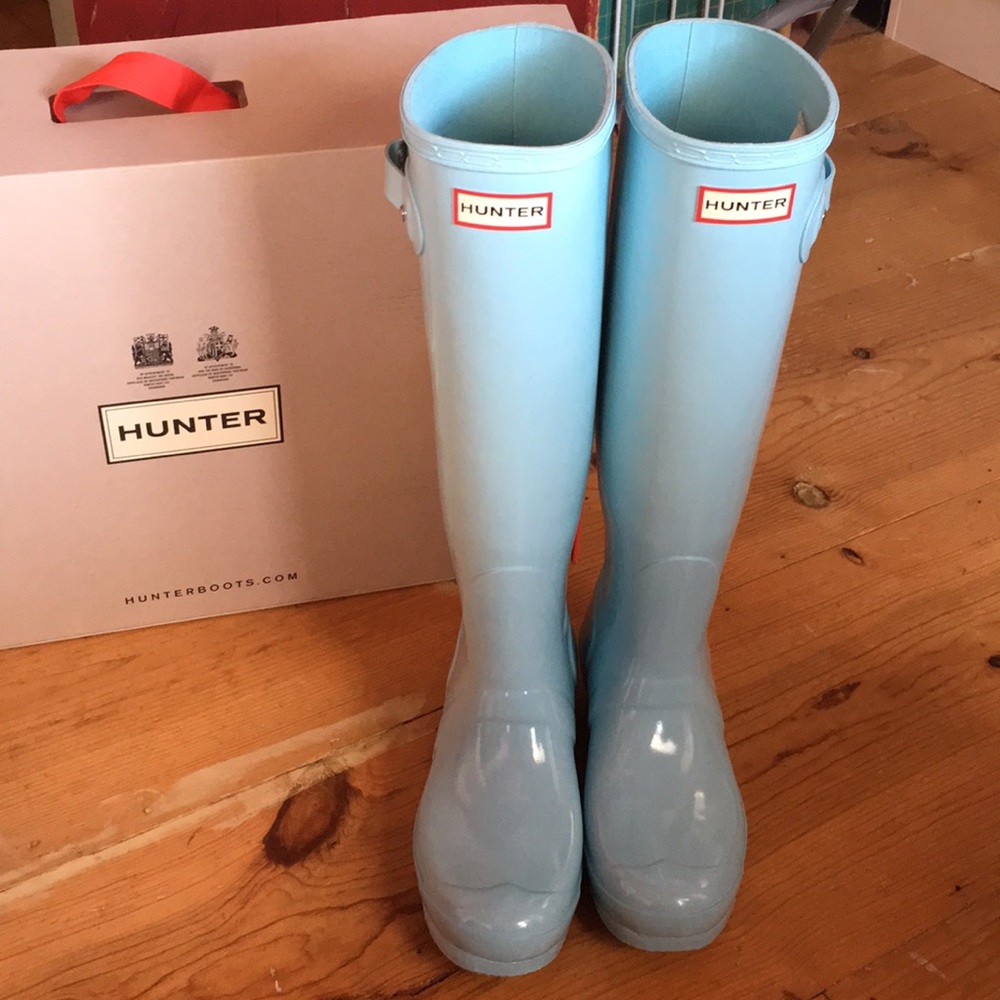 Light blue tall hunter boots